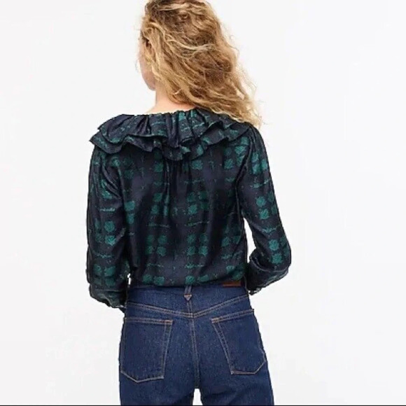 New J. Crew Collection Silk Twill Ruffle-collar Blouse Top Plaid Green Blue NWT - Picture 2 of 15